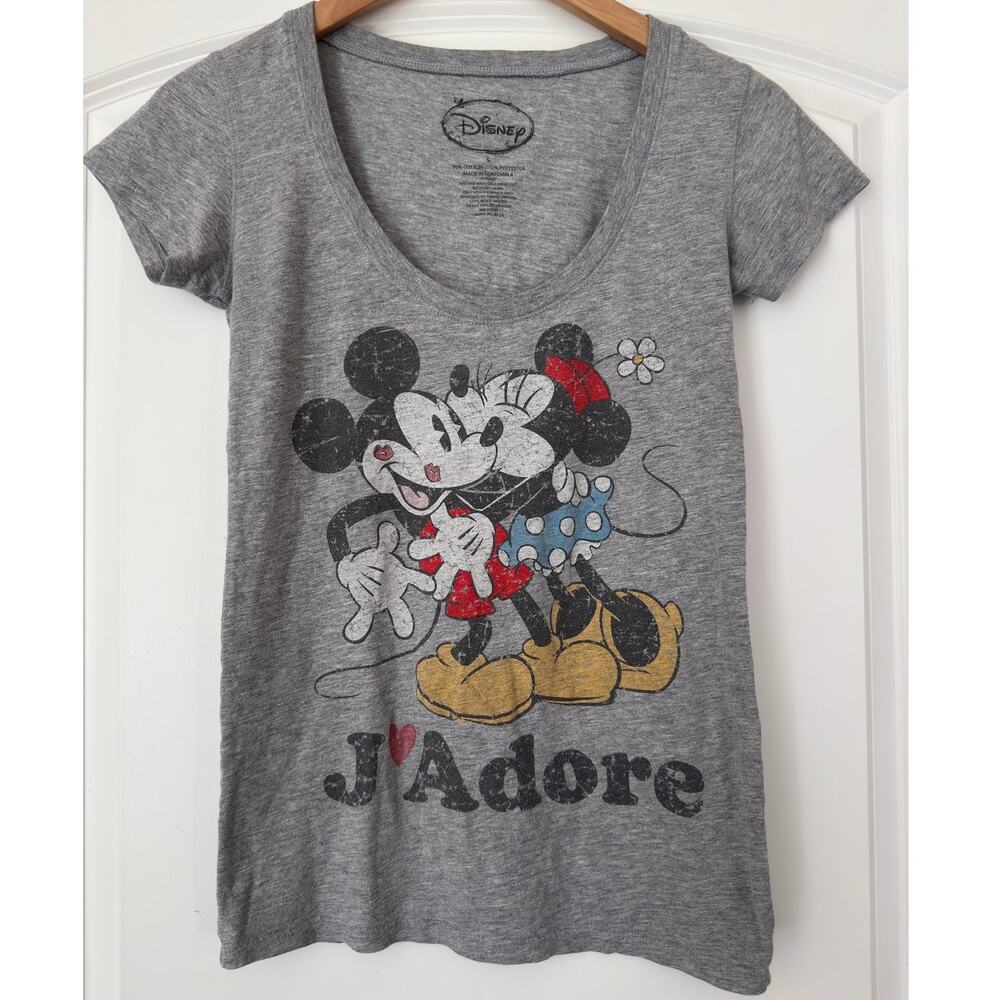 Disney Mickey Minnie Mouse J'Adore Graphic T-Shirt Gray Women’s Size S